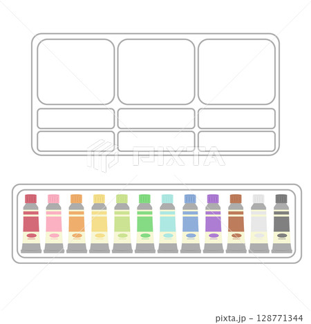 白いパレット付き絵の具セット|フラットイラスト素材 白いパレット付き絵の具セット|フラットイラスト素材 128771344