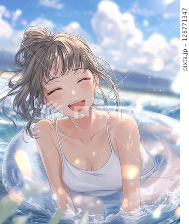 夏の海で遊ぶ笑顔の女性イラスト「AI生成画像」 夏の海で遊ぶ笑顔の女性イラスト「AI生成画像」 128771347