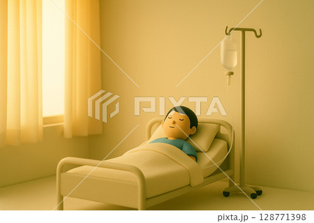 病室で静かに療養する患者のミニチュアイメージ｜点滴と朝の光に包まれた入院風景 128771398