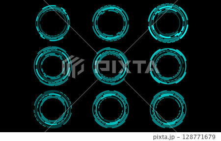 Set of sci fi blue circle and frame user interface elements technology futuristic design modern creative on black background vector 128771679