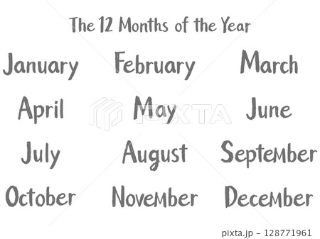 手書き英語月名セット（12ヶ月）カジュアルタッチ｜グレー 128771961