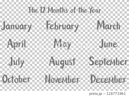 手書き英語月名セット（12ヶ月）カジュアルタッチ｜グレー 128771961