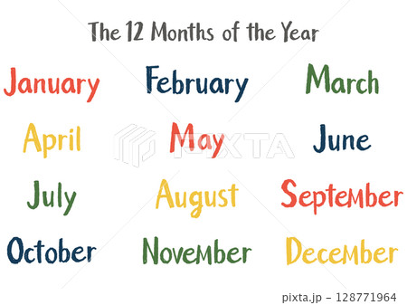 手書き英語月名セット（12ヶ月）カジュアルタッチ｜アウトドアカラー 128771964