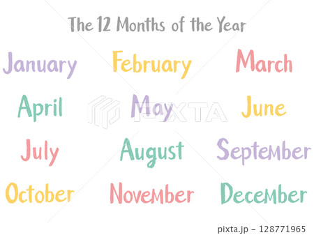 手書き英語月名セット（12ヶ月）カジュアルタッチ｜パステルカラー 128771965
