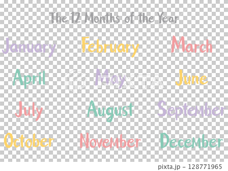手寫英文月份名稱集（12個月）隨意觸感 | 柔和的色彩 128771965