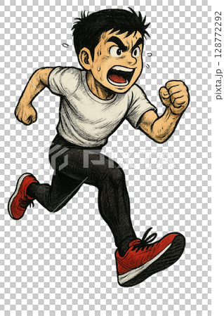 漫畫風格的插畫，描繪了身穿白色T卹、鬥志昂揚、全力奔跑的年輕人 128772292