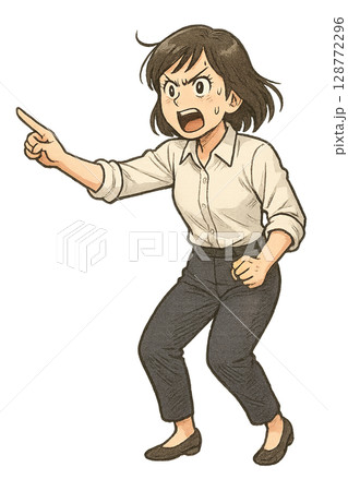 緊迫した表情で指示を出す女性講師、防災訓練で真剣に指導する女性、真剣な表情で警告するシャツ姿のリーダ 128772296