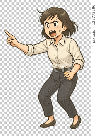 緊迫した表情で指示を出す女性講師、防災訓練で真剣に指導する女性、真剣な表情で警告するシャツ姿のリーダ 128772296