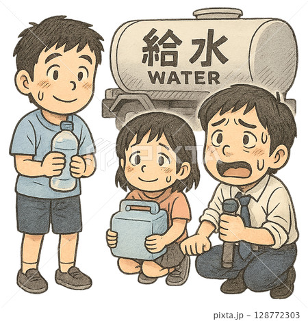 給水車の前で水を受け取る家族の防災シーン、災害時に給水支援を受ける子どもと大人、汗をかきながら水を確 128772303