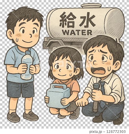 給水車の前で水を受け取る家族の防災シーン、災害時に給水支援を受ける子どもと大人、汗をかきながら水を確 128772303