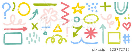 Brush stroke arrow, asterisk, geometric shape set. Hand drawn paint stroke, arrow, blob dot wave with grunge texture. Abstract round element, cute modern shape kid background. Vector Brush stroke arrow, asterisk, geometric shape set. Hand drawn paint stroke, arrow, blob dot wave with grunge texture. Abstract round element, cute modern shape kid background. Vector 128772713