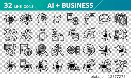 ビジネスで活用されるAI技術をテーマにした32個のアイコンセット。 128772724