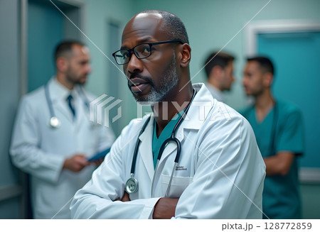 A group of medical professionals in a clinical setting. The focus is on a person in the foreground wearing a white lab coat with a stethoscope 128772859