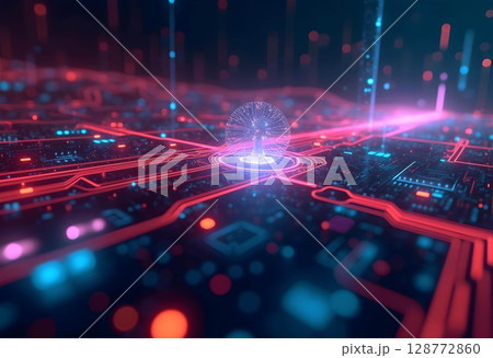A Core technological scene with vibrant red lights with glowing lines connecting various components 128772860