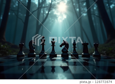 The chess pieces are set on a chessboard, standing tall against a forest backdrop with a light shining in the center of the frame. 128772874