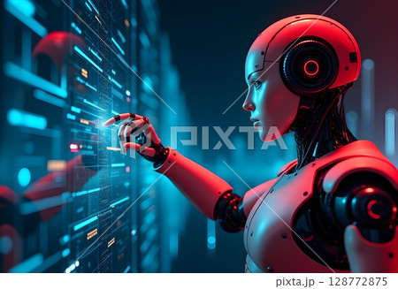 A futuristic scene of a humanoid robot interacting with a holographic interface. The robot, primarily colored in red touches a glowing blue holographic screen filled with data and information 128772875