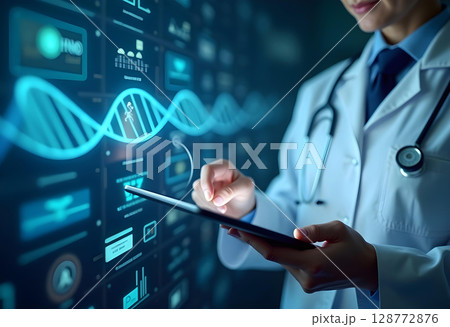 The doctor, wearing a white lab coat and stethoscope, is holding a tablet with a holographic DNA display 128772876