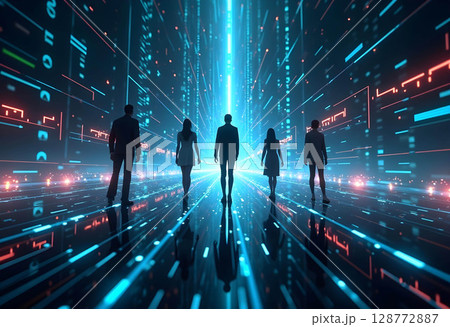 A digital landscape with silhouetted figures walking through a corridor of vibrant blue light streams creates a sense of movement and progress into a high-tech future. A digital landscape with silhouetted figures walking through a corridor of vibrant blue light streams creates a sense of movement and progress into a high-tech future. 128772887