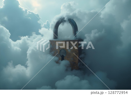 padlock emerges from thick layer of clouds, symbolizing security and mystery. contrast between metallic lock and soft, billowing clouds creates captivating visual 128772954