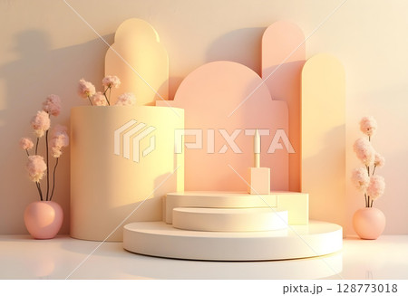 serene and modern display featuring soft pastel colors and geometric shapes, creating calming atmosphere. arrangement includes circular and arch like structures, complemented by delicate floral 128773018