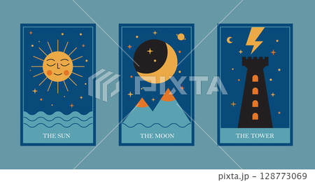 Mystical Tarot Cards Vector Set - Sun Moon Tower Celestial Illustrations Mystical Tarot Cards Vector Set - Sun Moon Tower Celestial Illustrations 128773069