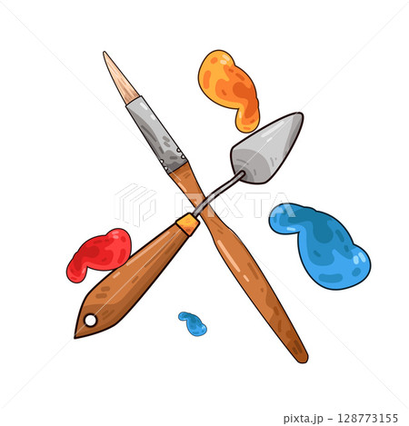 illustration of paint knife and paint brush 128773155