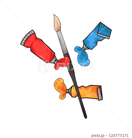 illustration of paint brush and paint tubes 128773171
