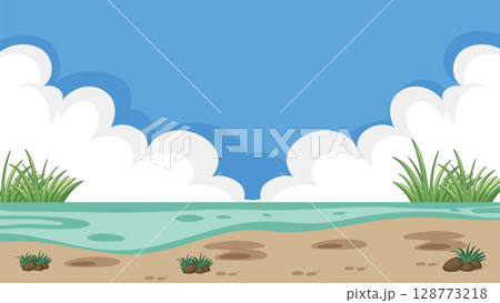 Cartoon Riverbank Landscape with Blue Sky and Clouds 128773218