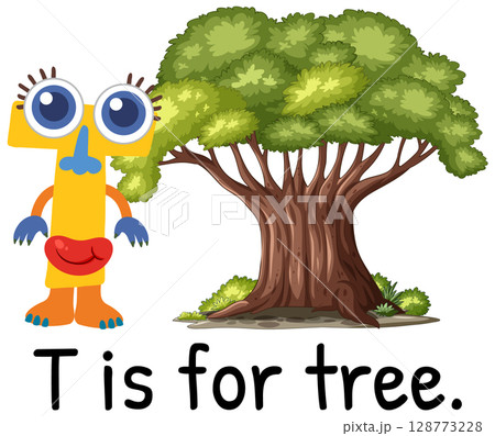 Alphabet Character T with Tree Illustration 128773228