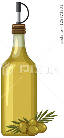 Glass Olive Oil Bottle with Fresh Green Olives 128773231