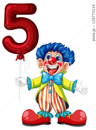 Colorful Clown Holding Red Number Five Balloon 128773234