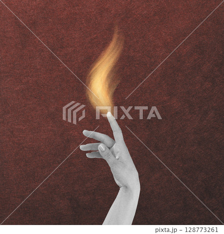 Abstract collage of woman hand and fire flame 128773261