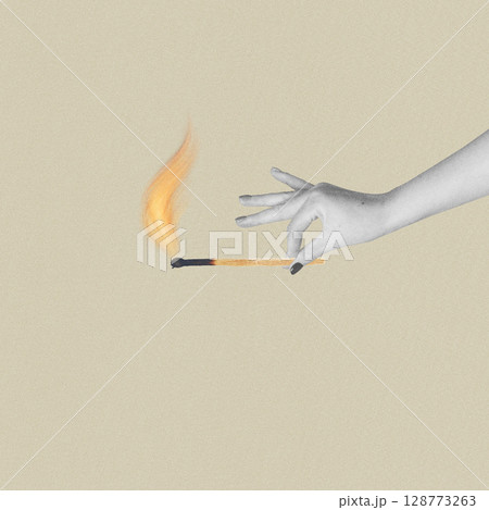 Abstract collage illustration of woman hand holding wooden match with fire flame 128773263