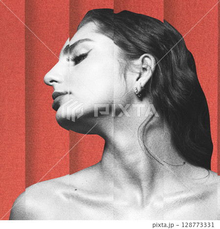 Abstract collage of sensual black and white woman portrait on red background 128773331