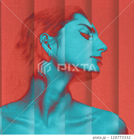 Abstract collage illustration of sensual woman portrait on red background 128773332