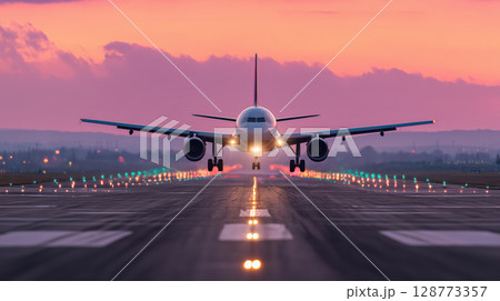 Lone aircraft lands on illuminated runway at dusk, set against clear twilight sky, creating serene and cinematic atmosphere 128773357