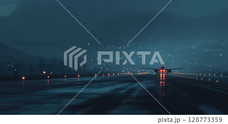 An aircraft taxis on illuminated runway during misty morning, creating serene atmosphere 128773359