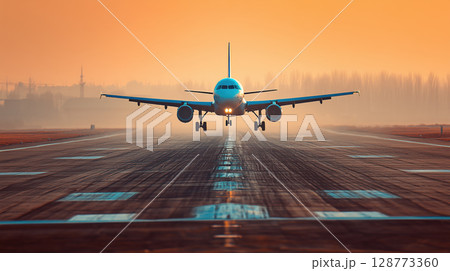Lone aircraft taxis on illuminated runway at sunset, creating dramatic and serene atmosphere 128773360