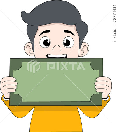 Cartoon Boy Holding Blank Money Bill 128773434