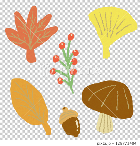 秋のイラストセット（紅葉とどんぐりとキノコ） 128773484