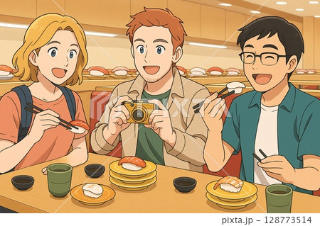 外国人観光客が楽しむ回転寿司体験 – Sushi Time in Japan 外国人観光客が楽しむ回転寿司体験 – Sushi Time in Japan 128773514