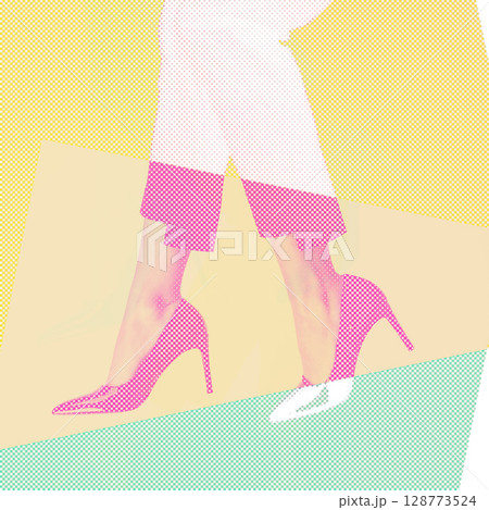Woman with slim legs wearing high heel shoes and costume pants in RGB colors split effect Woman with slim legs wearing high heel shoes and costume pants in RGB colors split effect 128773524
