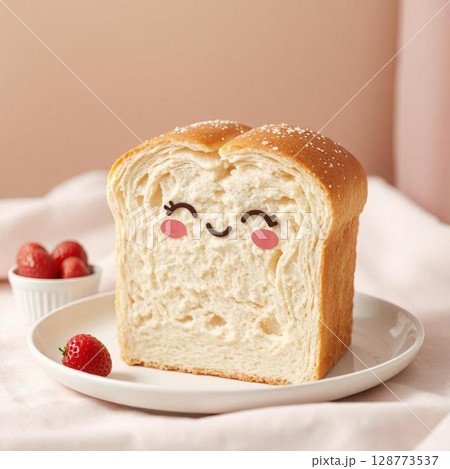 白い皿に盛り付けられた嬉しそうな顔のふわふわ可愛い食パンとベリー 128773537