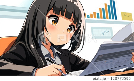 収支報告をするアニメ調の美少女 128773596