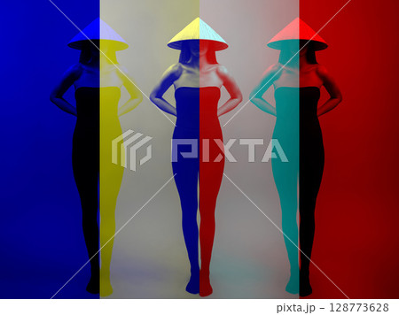 Slim woman wearing cone-shaped Asian cane hat 02 RGB split 128773628