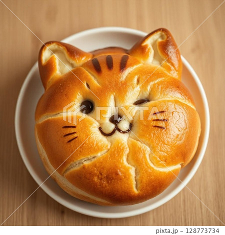 こんがりとした焼き色が美味しそうなウインクする猫のパン 128773734