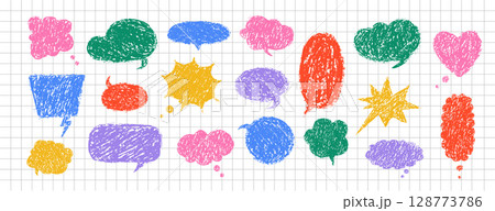 Speech Bubble set with crayon texture. Funky colorful communication frames. Message clouds with chalk or charcoal texture. Retro vector illustration on checkered notebook sheet Speech Bubble set with crayon texture. Funky colorful communication frames. Message clouds with chalk or charcoal texture. Retro vector illustration on checkered notebook sheet 128773786