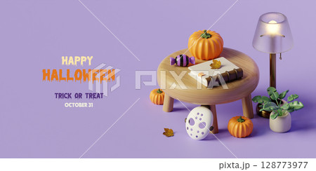 Halloween celebration themed decoration with pumpkins and treats. 3D render illustration 128773977