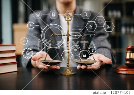 Businessman inscription Legal advice online, labor law, advice and justice concept. with VR icon 128774105