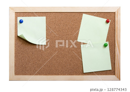 Paper notes sticky in Cork board. note papers on an old wood frame. Paper notes sticky in Cork board. note papers on an old wood frame. 128774343